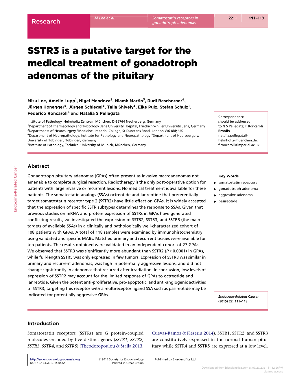 SSTR3 Is a Putative Target for the Medical Treatment of Gonadotroph Adenomas of the Pituitary