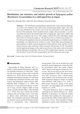 Distribution, Size Structure, and Relative Growth of Epigrapsus Politus (Brachyura: Gecarcinidae) in a Subtropical Bay in Japan