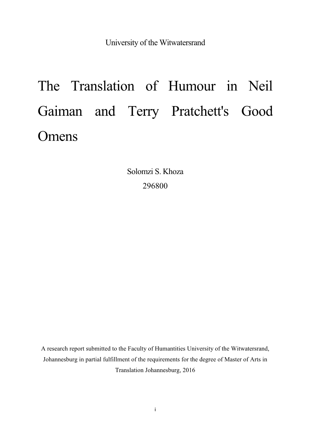 The Translation of Humour in Neil Gaiman and Terry Pratchett's Good Omens