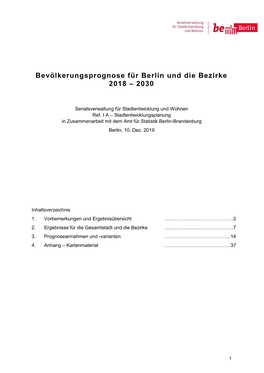 Bericht Zur Bevölkerungsprognose Für Berlin Und Die Bezirke 2018 – 2030