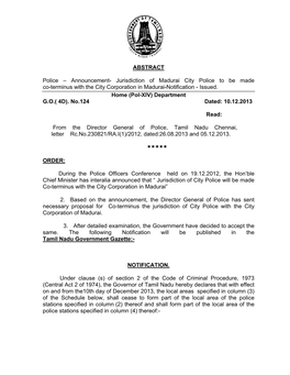 ABSTRACT Police – Announcement- Jurisdiction of Madurai City Police