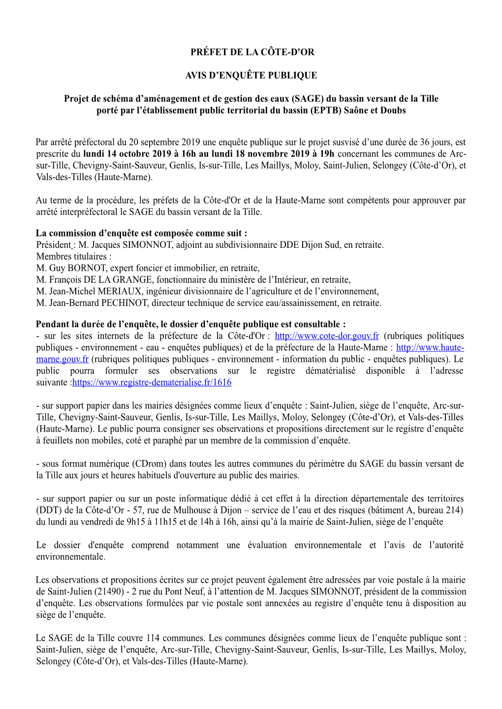 PRÉFET DE LA CÔTE-D'or AVIS D'enquête PUBLIQUE Projet De Schéma D'aménagement Et De Gestion Des Eaux (SAGE) Du Bassin V