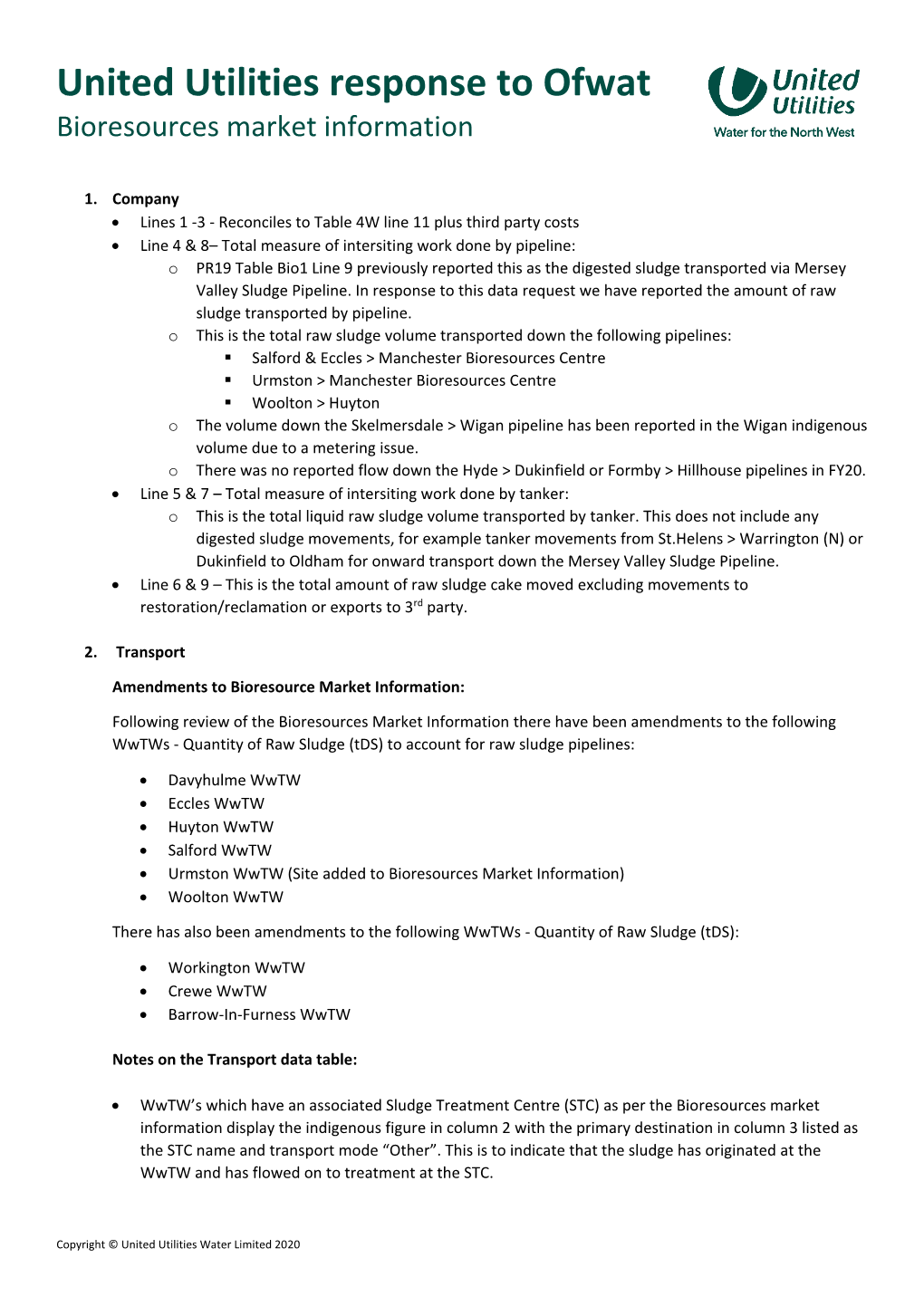 United Utilities Response to Ofwat Bioresources Market Information