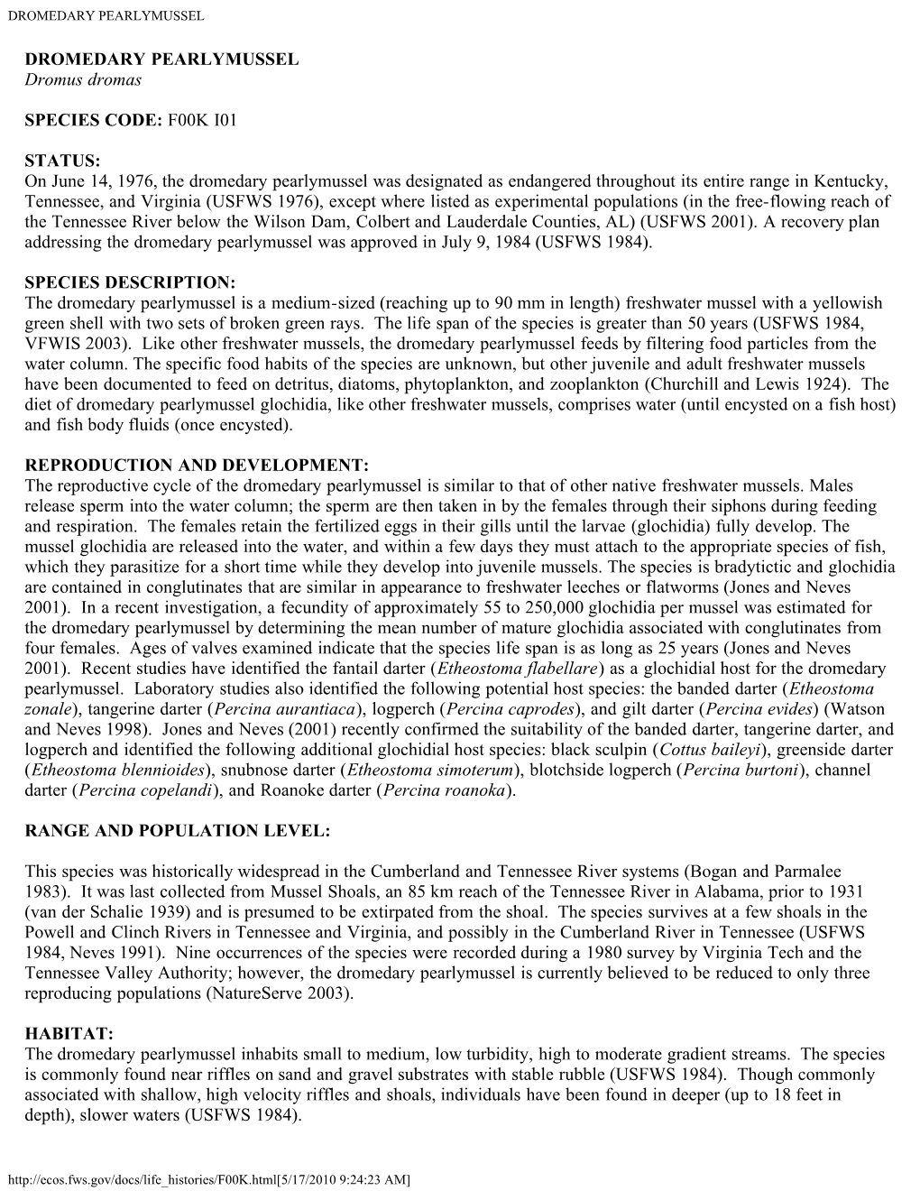 FWS 2010 Dromedary Pearkymussel