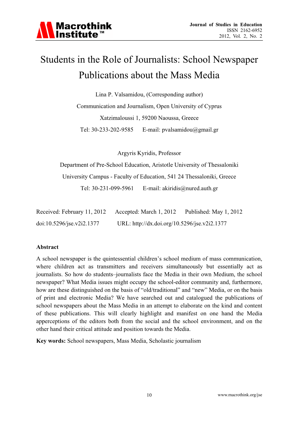 Students in the Role of Journalists: School Newspaper Publications