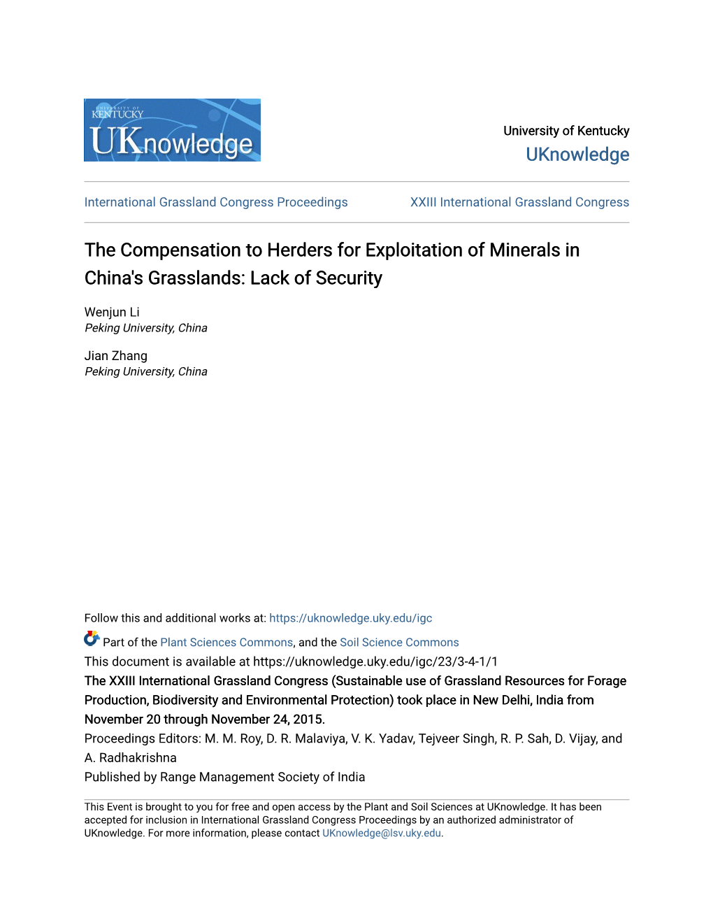 The Compensation to Herders for Exploitation of Minerals in China's Grasslands: Lack of Security