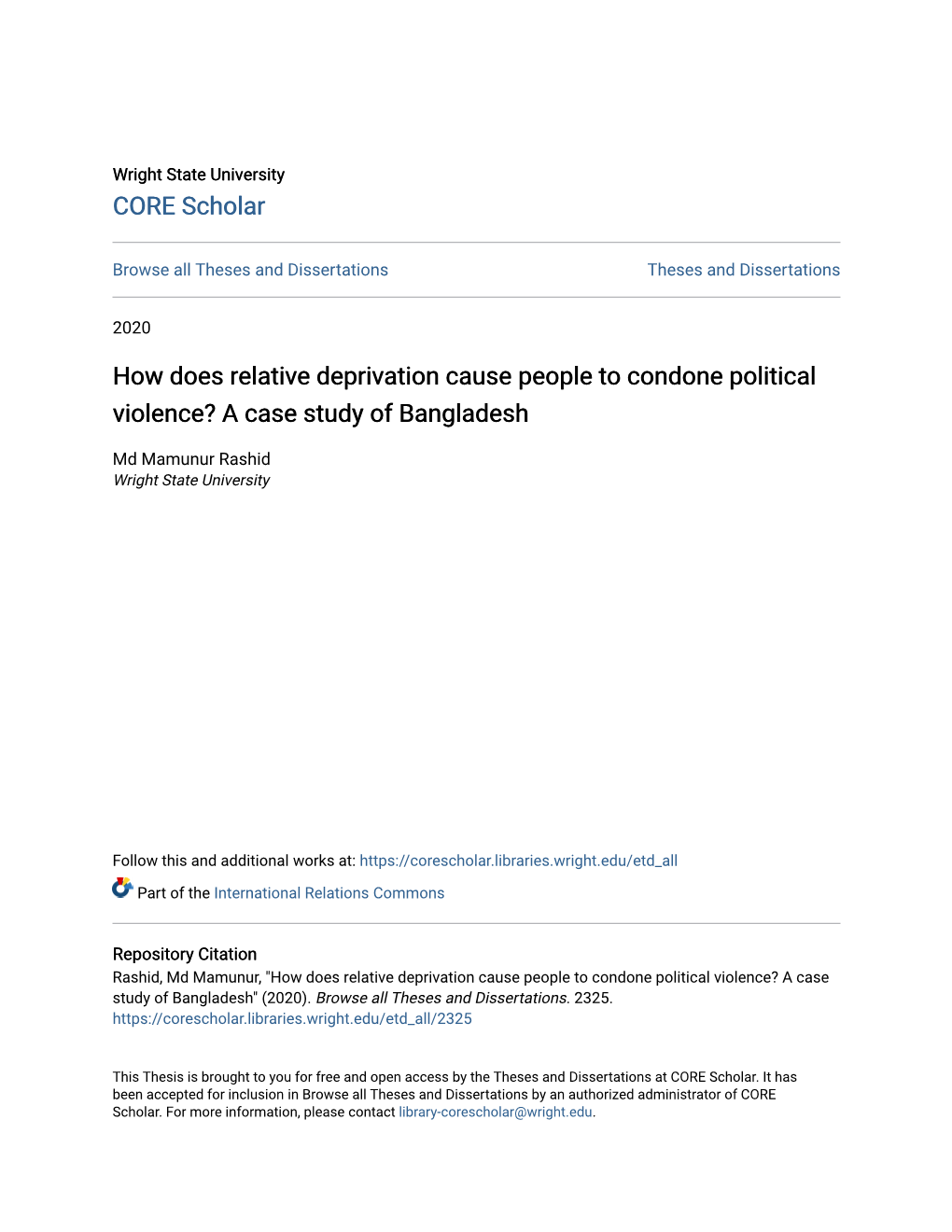 How Does Relative Deprivation Cause People to Condone Political Violence? a Case Study of Bangladesh