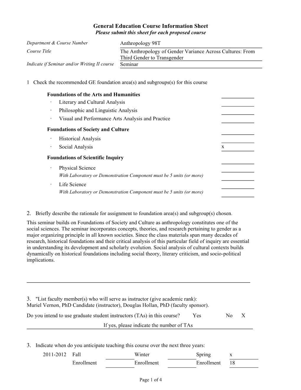 From Third Gender to Transgender Indicate If Seminar And/Or Writing II Course Seminar