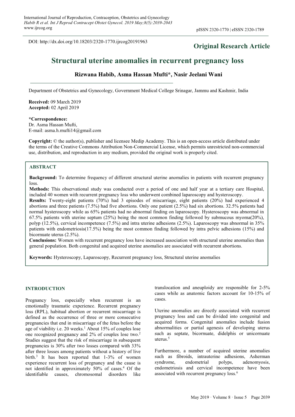 Structural Uterine Anomalies in Recurrent Pregnancy Loss