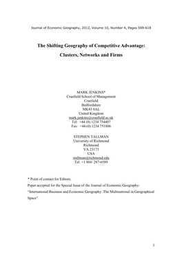 The Shifting Geography of Competitive Advantage: Clusters, Networks and Firms