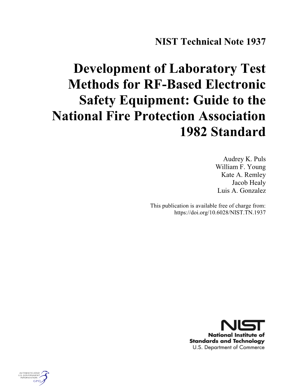 Development of Laboratory Test Methods for RF-Based Electronic Safety Equipment: Guide to the National Fire Protection Association 1982 Standard