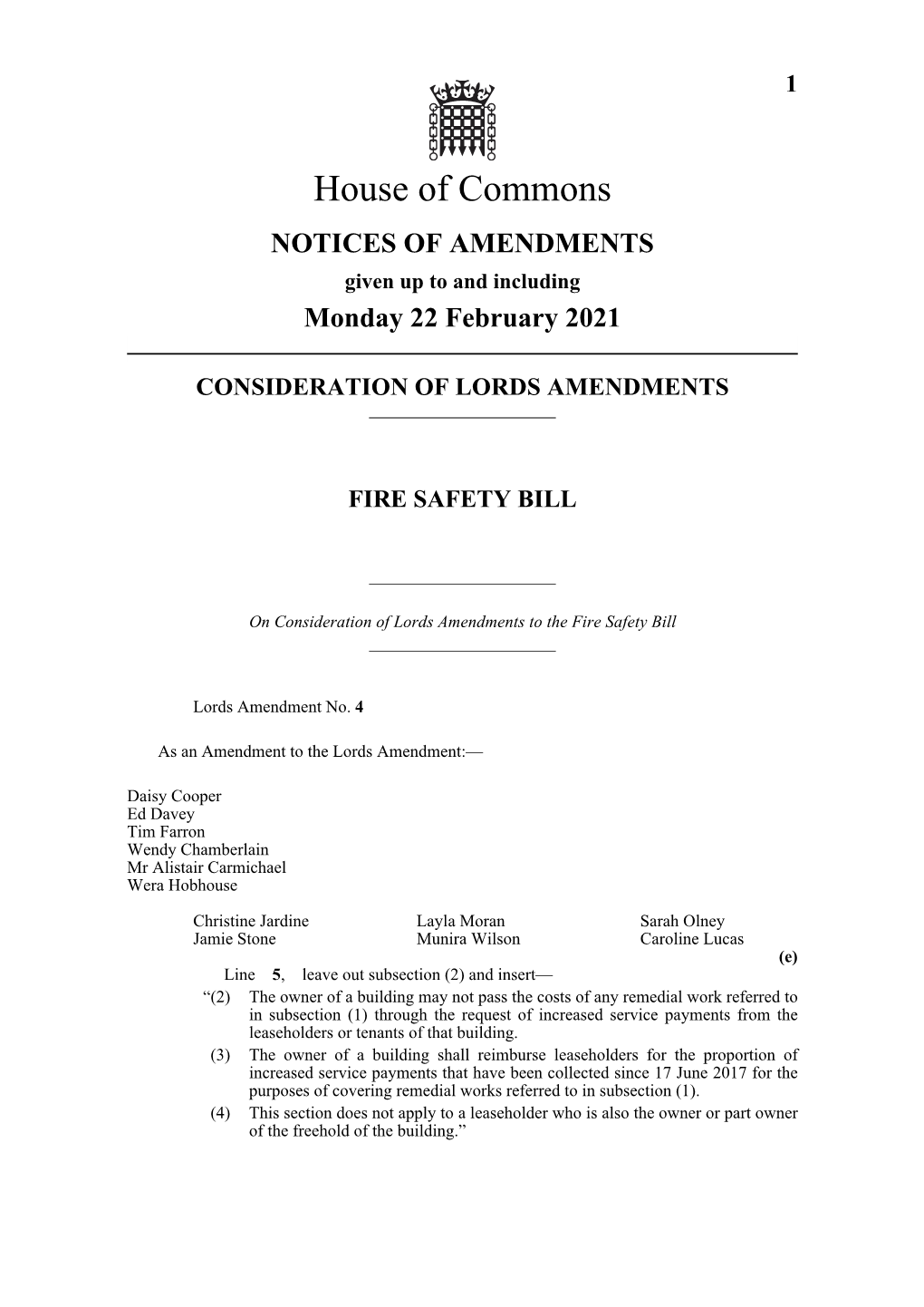 House of Commons NOTICES of AMENDMENTS Given up to and Including Monday 22 February 2021