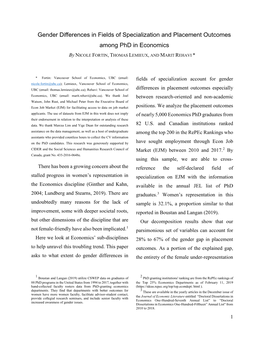 Gender Differences in Fields of Specialization and Placement Outcomes