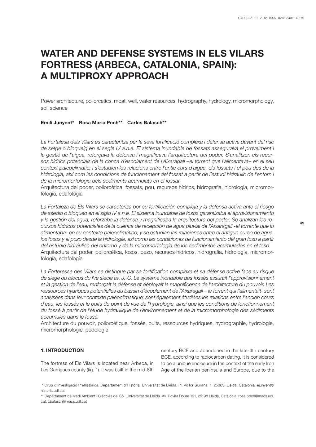 Water and Defense Systems in Els Vilars Fortress (Arbeca, Catalonia, Spain): a Multiproxy Approach