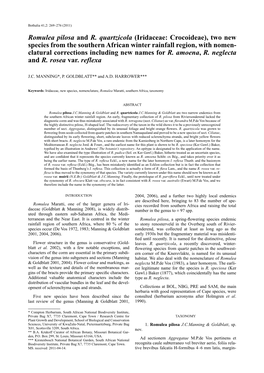 Romulea Pilosa and R. Quartzicola (Iridaceae: Crocoideae), Two New Species from the Southern African Winter Rainfall Region