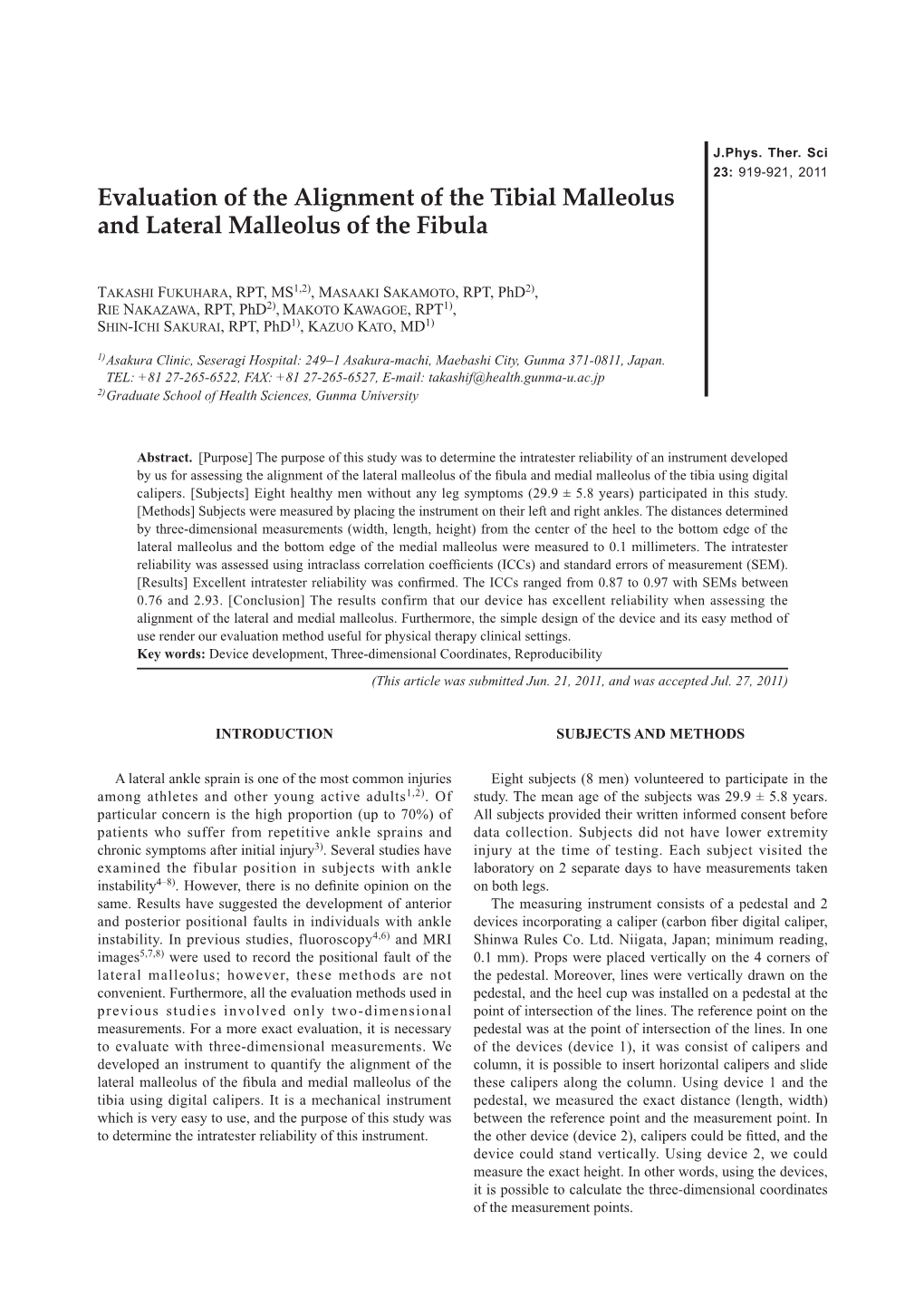 Evaluation of the Alignment of the Tibial Malleolus and Lateral Malleolus of the Fibula