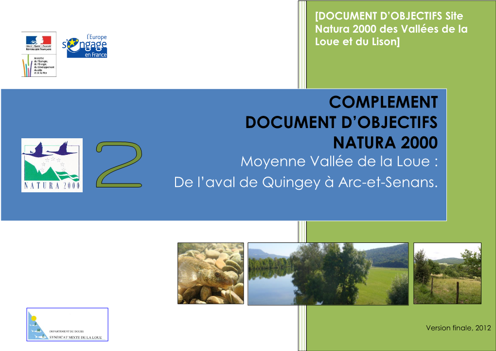 COMPLEMENT DOCUMENT D’OBJECTIFS NATURA 2000 Moyenne Vallée De La Loue : De L’Aval De Quingey À Arc-Et-Senans