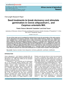 Seed Treatments to Break Dormancy and Stimulate Germination in Cercis Siliquastrum L. and Carpinus Orientalis Mill