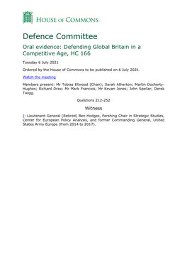 Defence Committee Oral Evidence: Defending Global Britain in a Competitive Age, HC 166