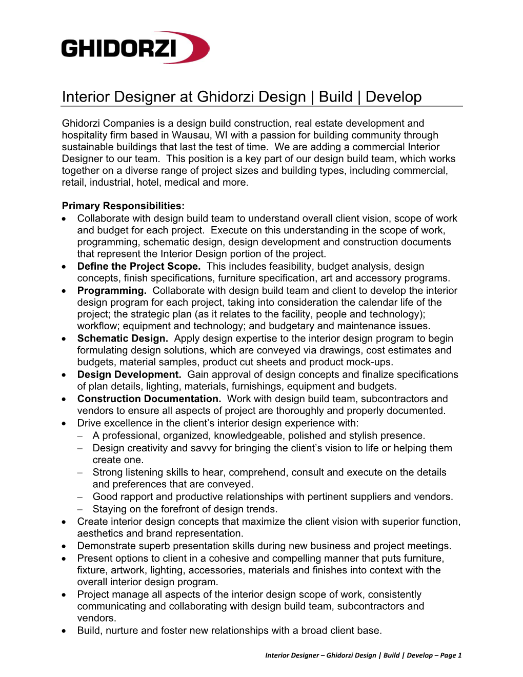 Interior Designer at Ghidorzi Design | Build | Develop