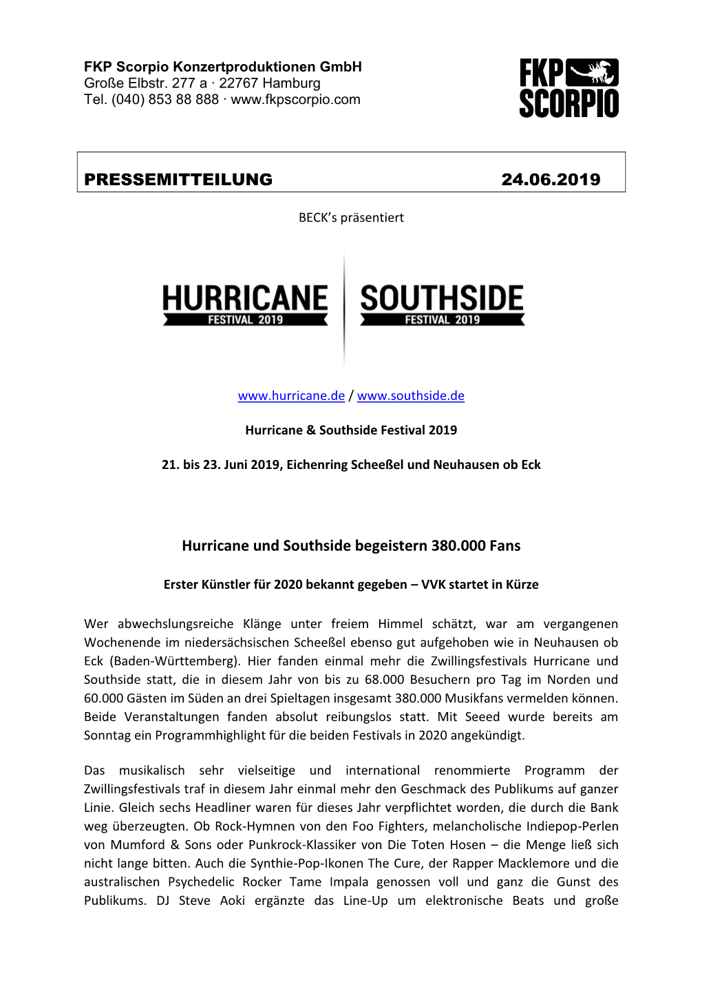 PRESSEMITTEILUNG 24.06.2019 Hurricane Und Southside