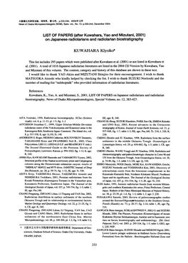 LIST of PAPERS (After Kuwahara, Yao and Mizutani, 2001) on Japanese Radiolarians and Radiolarian Biostratigraphy