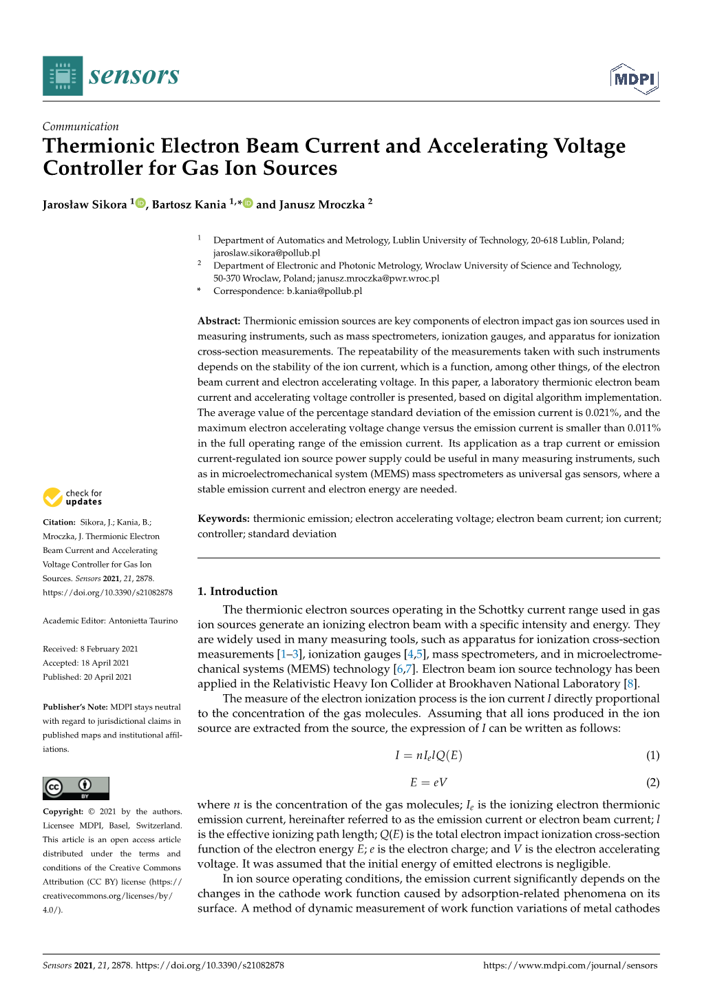 Thermionic Electron Beam Current and Accelerating Voltage Controller for Gas Ion Sources