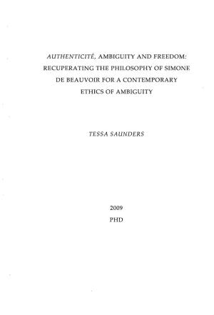 Authenticite, Ambiguity and Freedom : Recuperating the Philosophy Of