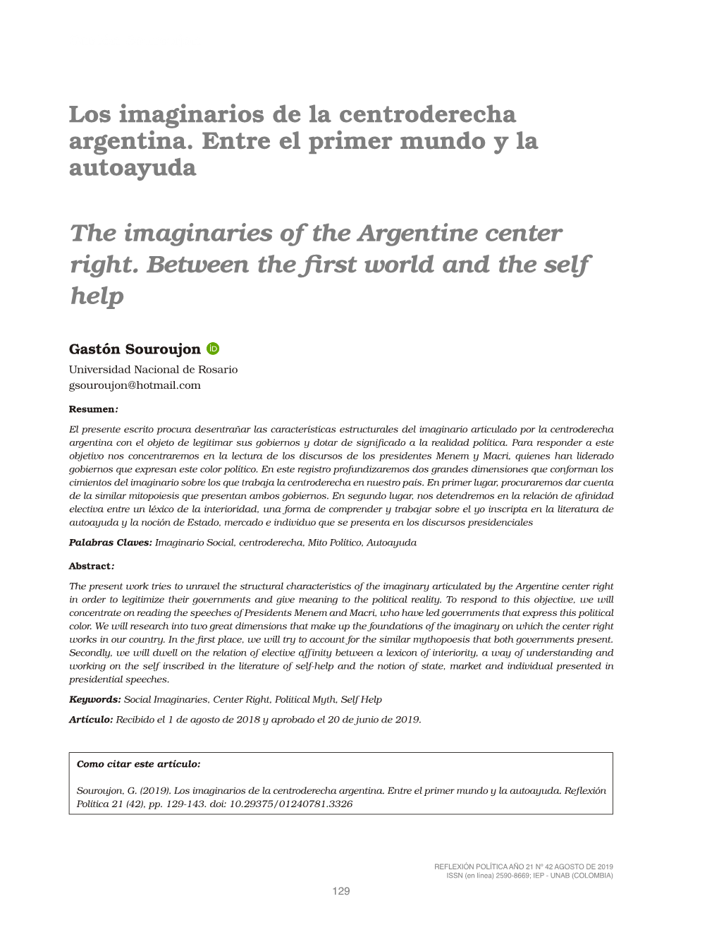 Los Imaginarios De La Centroderecha Argentina. Entre El Primer Mundo Y La Autoayuda