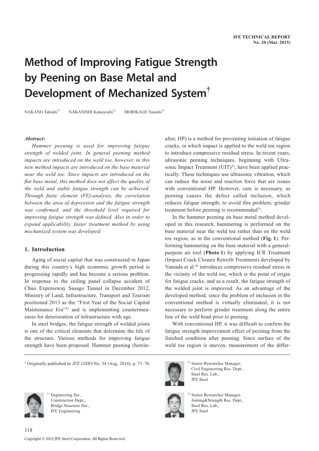 Method of Improving Fatigue Strength by Peening on Base Metal and Development of Mechanized System†