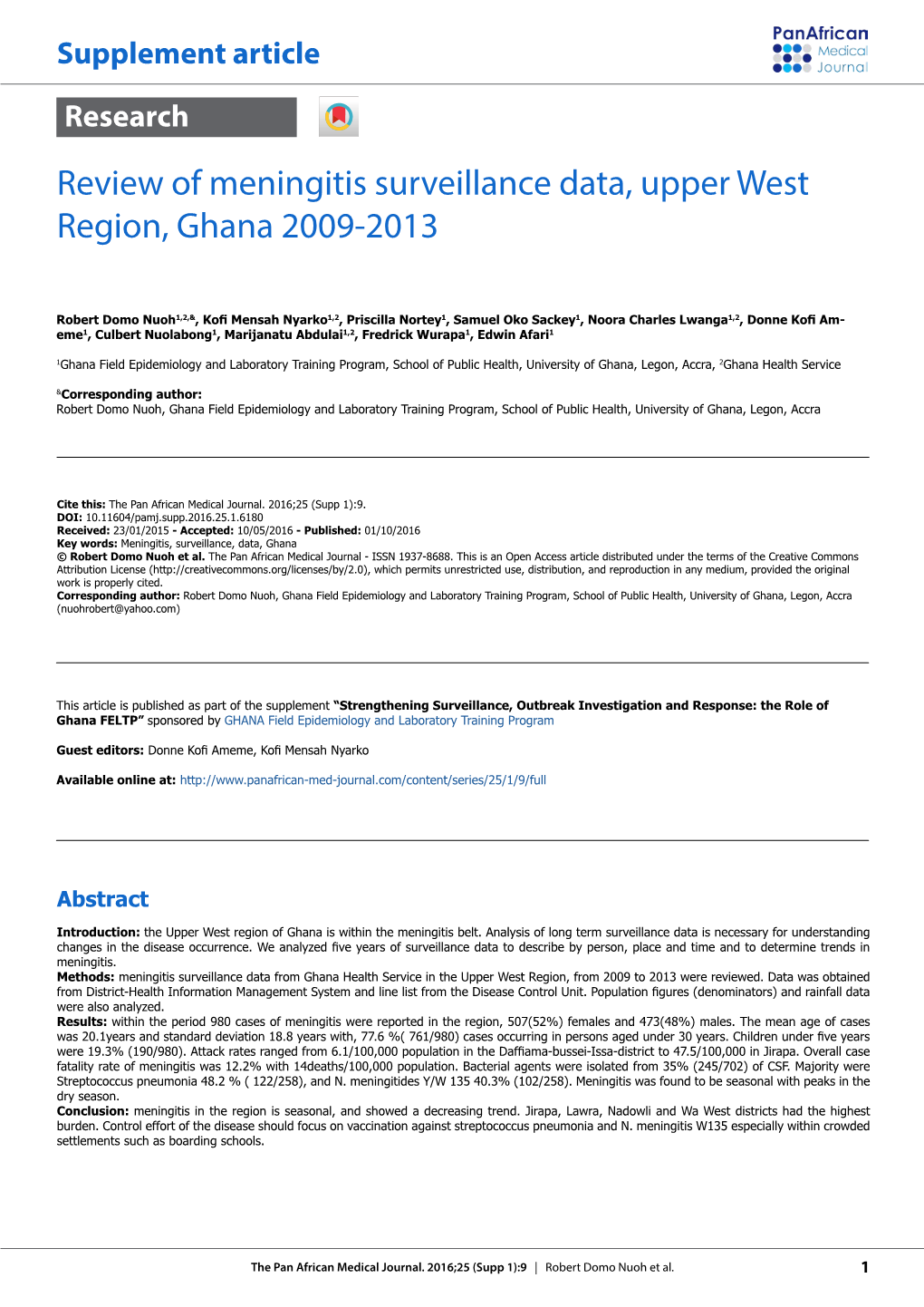 Review of Meningitis Surveillance Data, Upper West Region, Ghana 2009-2013