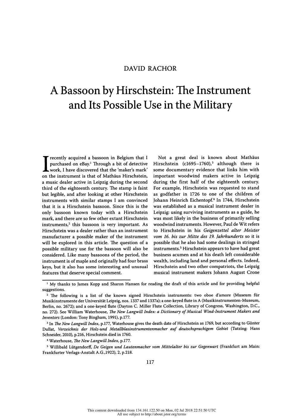 A Bassoon by Hirschstein: the Instrument and Its Possible Use in the Military