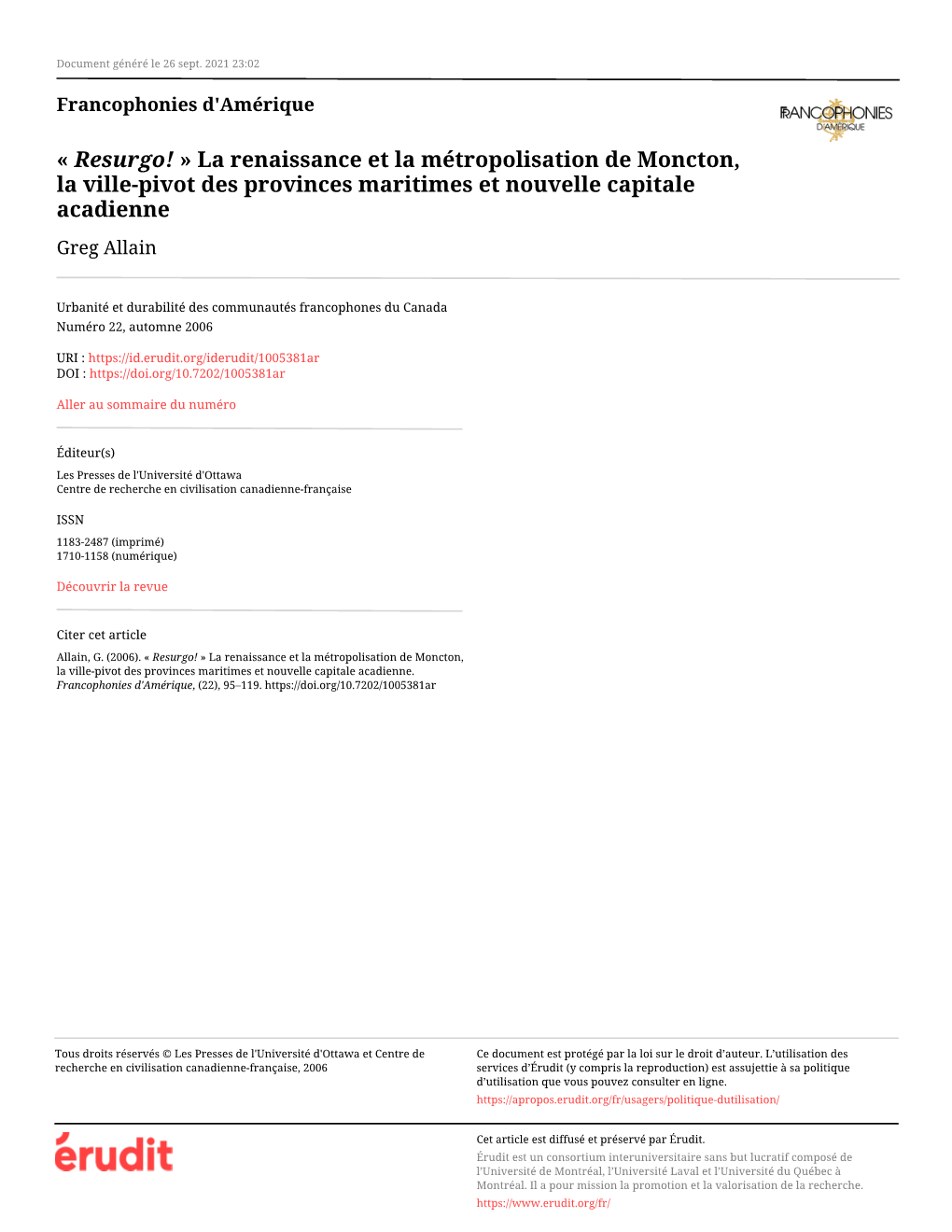 Resurgo! » La Renaissance Et La Métropolisation De Moncton, La Ville-Pivot Des Provinces Maritimes Et Nouvelle Capitale Acadienne Greg Allain