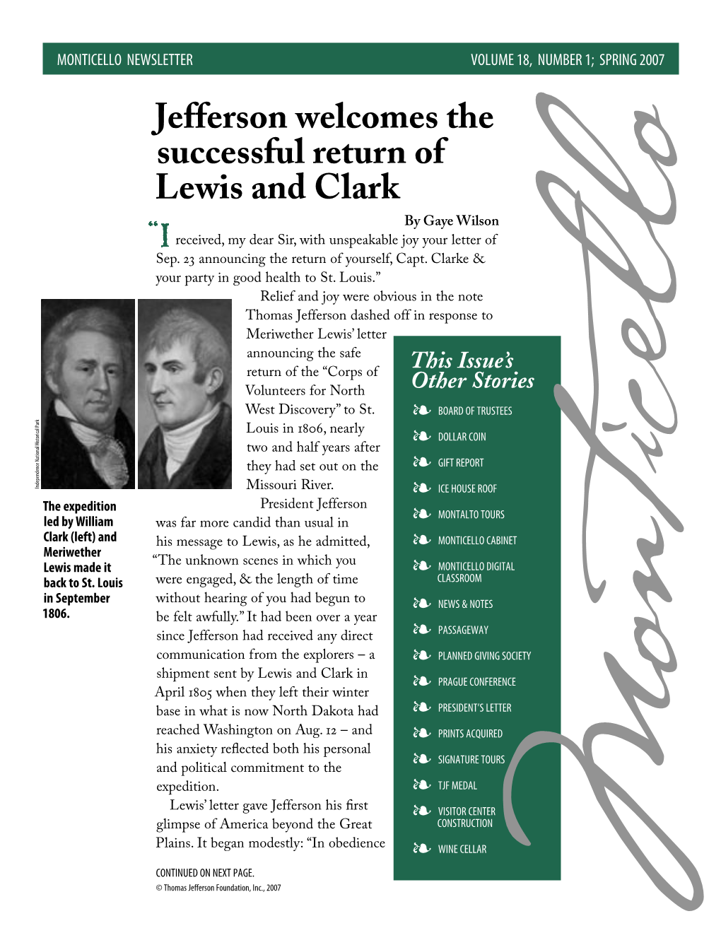 Jefferson Welcomes the Successful Return of Lewis and Clark by Gaye Wilson Received, My Dear Sir, with Unspeakable Joy Your Letter of Sep