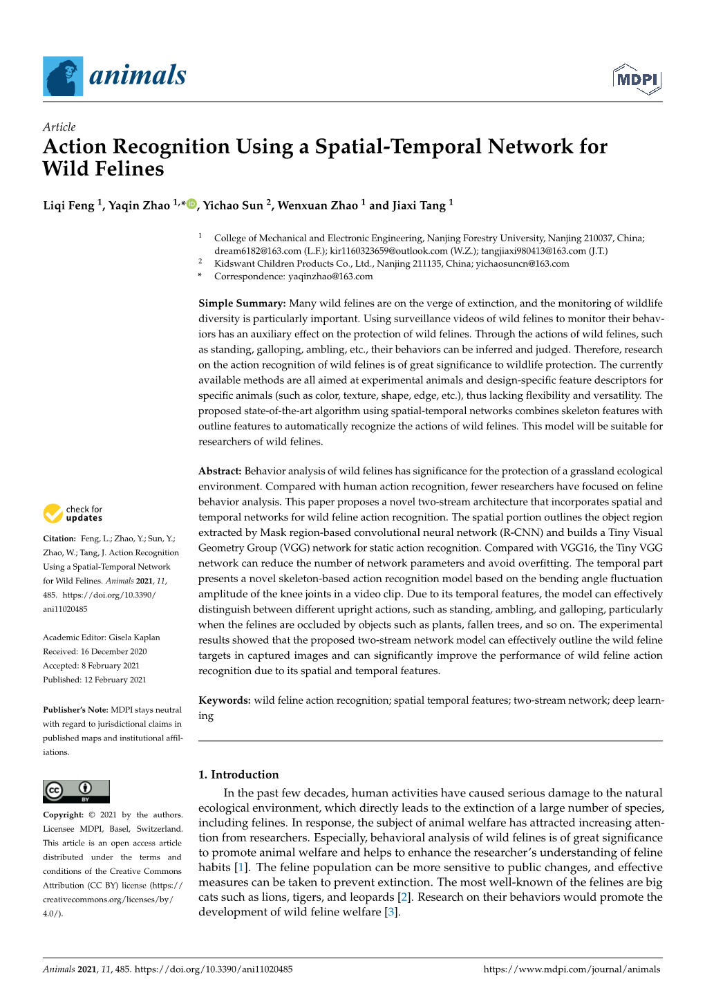 Action Recognition Using a Spatial-Temporal Network for Wild Felines