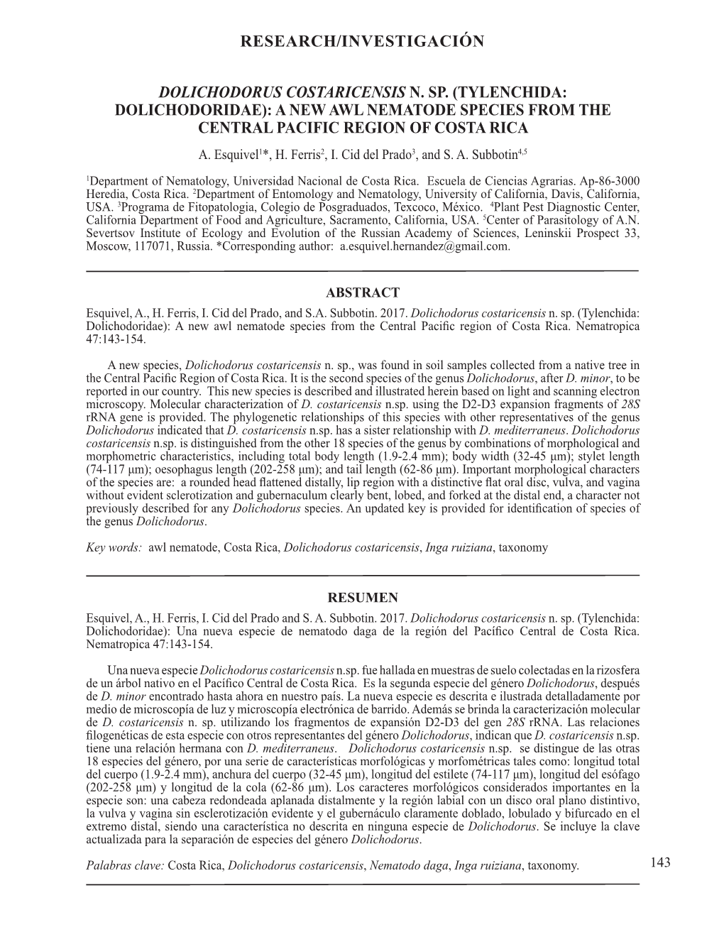 (Tylenchida: Dolichodoridae): a New Awl Nematode Species from the Central Pacific Region of Costa Rica A