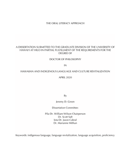 The Oral Literacy Approach a Dissertation Submitted To