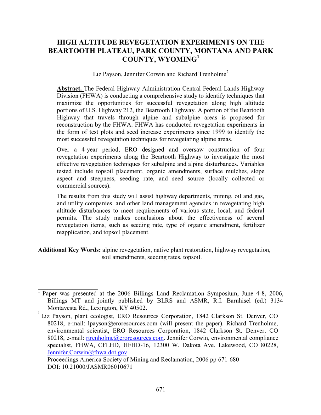 High Altitude Revegetation Experiments on the Beartooth Plateau, Park County, Montana and Park County, Wyoming1