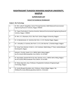 Rashtrasant Tukadoji Maharaj Nagpur University, Nagpur Supervisor List