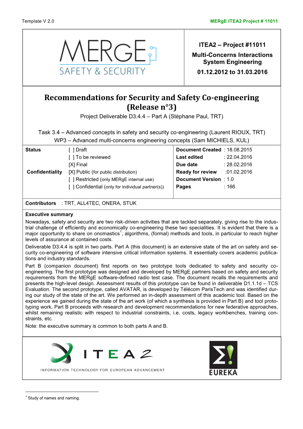 Recommendations for Security and Safety Co-Engineering Merge ITEA2 Project # 11011