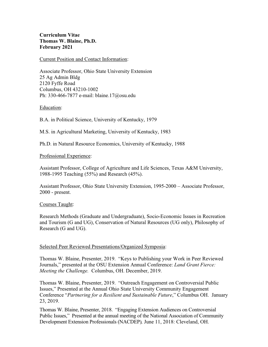 Curriculum Vitae Thomas W