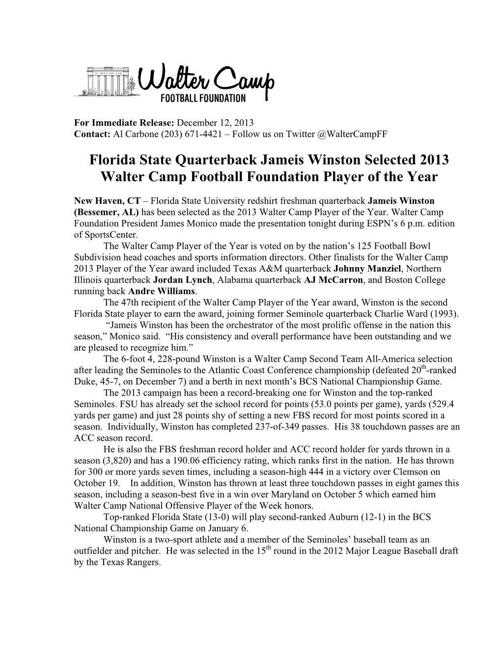 Florida State Quarterback Jameis Winston Selected 2013 Walter Camp Football Foundation Player of the Year