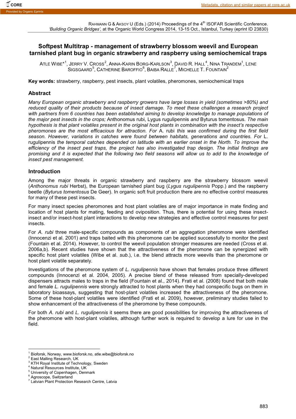 Softpest Multitrap - Management of Strawberry Blossom Weevil and European Tarnished Plant Bug in Organic Strawberry and Raspberry Using Semiochemical Traps