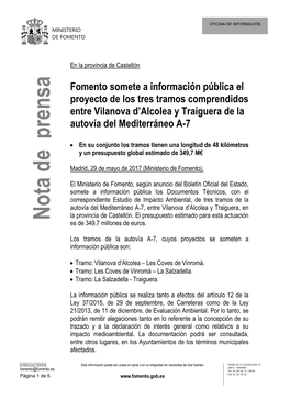 Fomento Somete a Información Pública El Proyecto De Los Tres Tramos Comprendidos Entre Vilanova D’Alcolea Y Traiguera De La Autovía Del Mediterráneo A-7