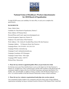 National Union of Healthcare Workers Questionnaire for 2018 Board of Equalization