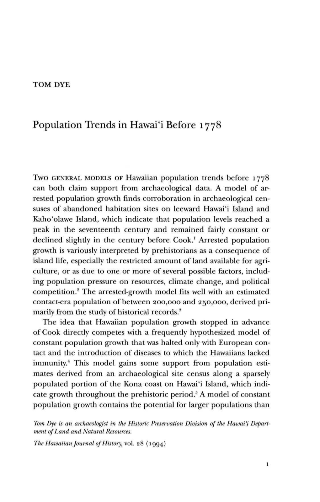 Population Trends in Hawai'i Before 1778