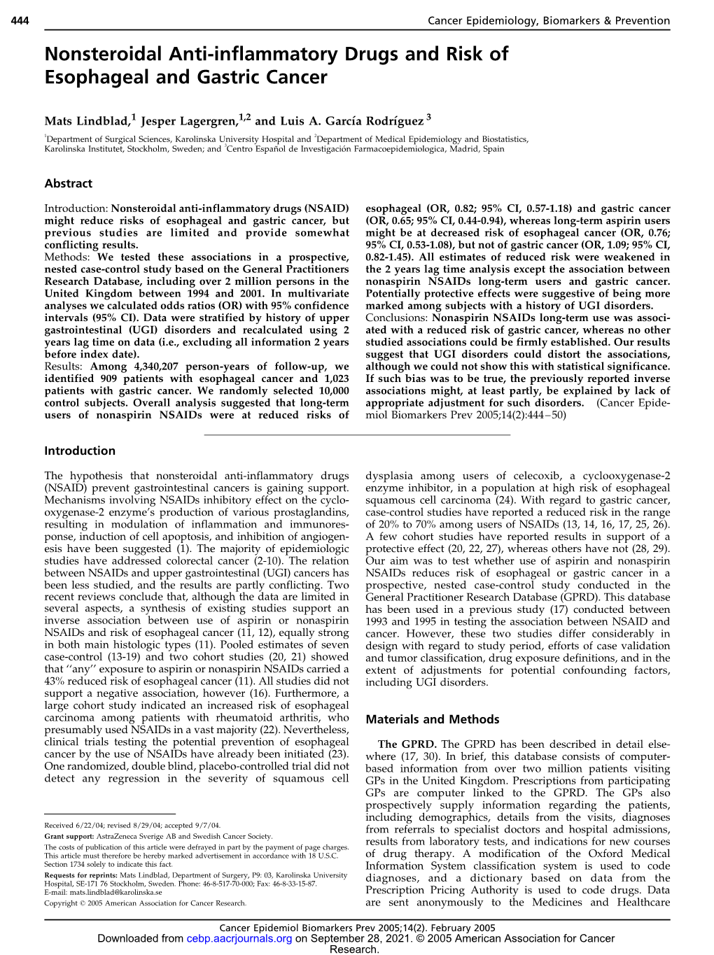 Nonsteroidal Anti-Inflammatory Drugs and Risk of Esophageal and Gastric Cancer