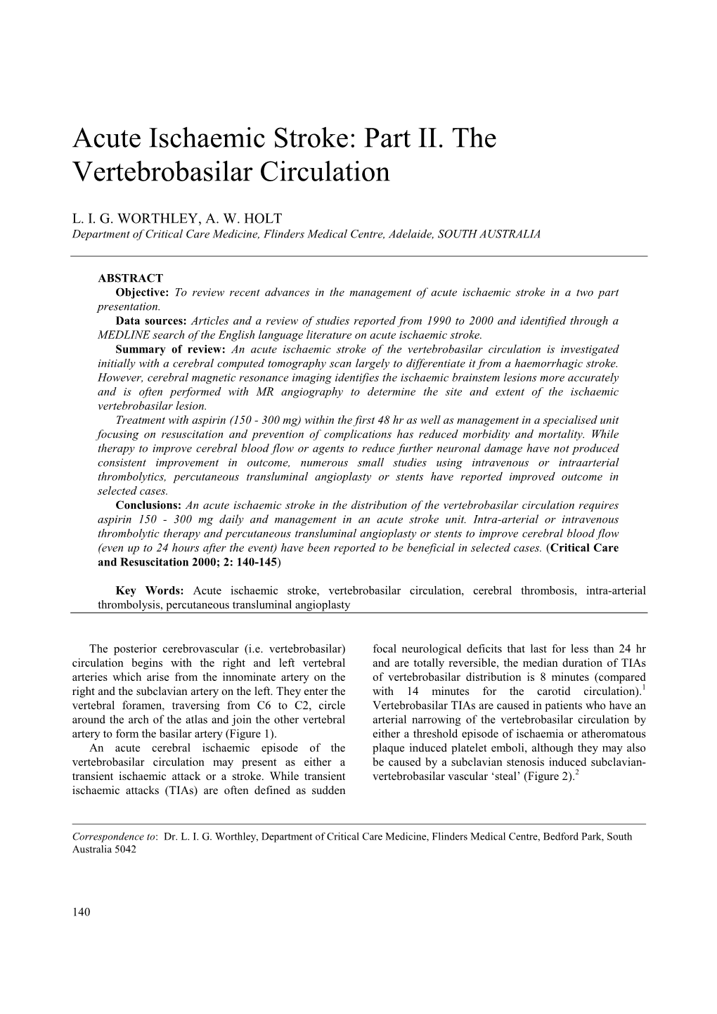 Acute Ischaemic Stroke: Part II. the Vertebrobasilar Circulation