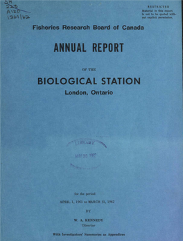 Annual Report of the Biological Station London Ontario 1961 to 1962