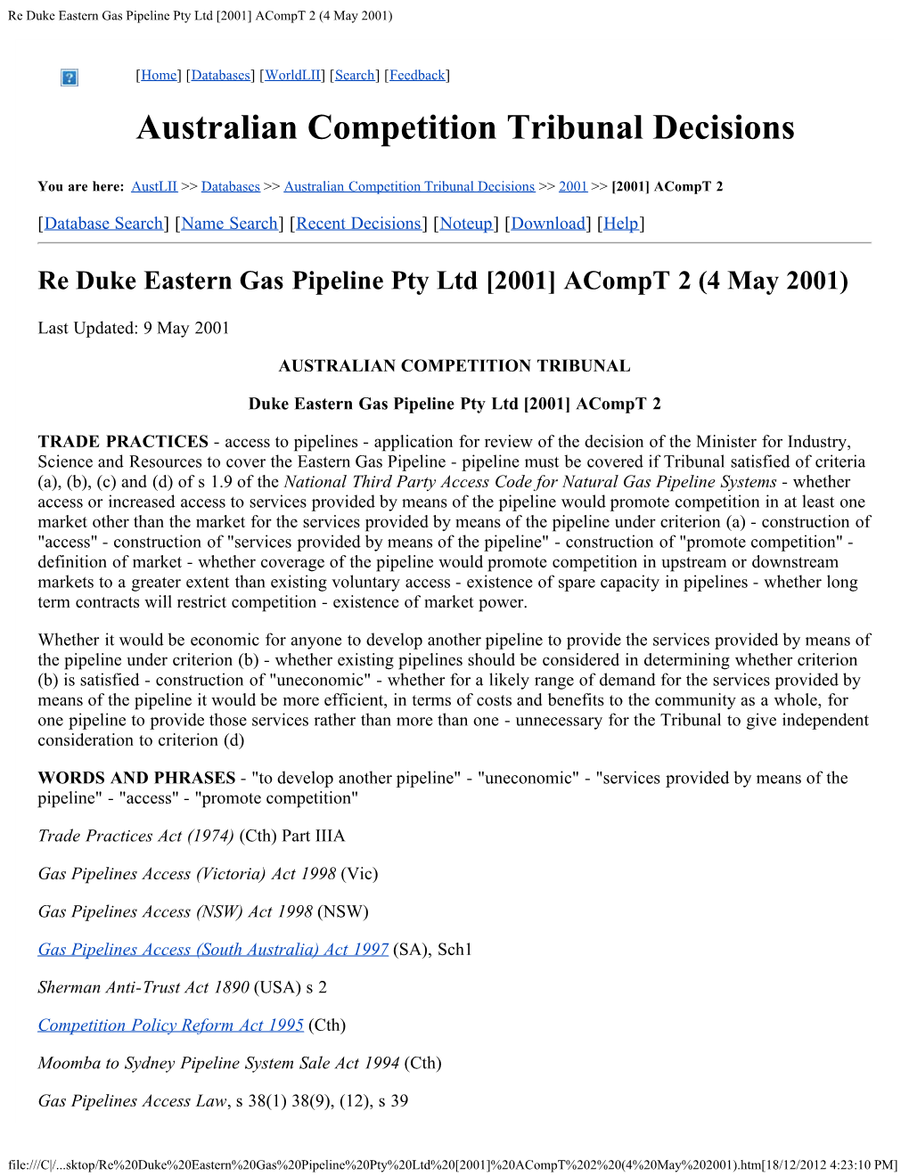 Re Duke Eastern Gas Pipeline Pty Ltd [2001] Acompt 2 (4 May 2001)